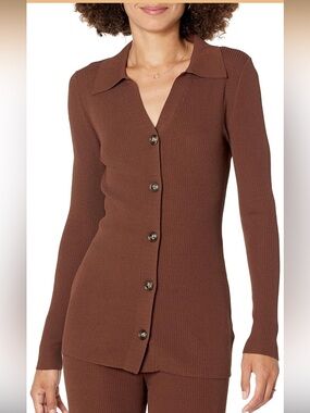 The Drop Brown Ribbed Button-Up Top